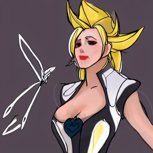 Prompt: Mercy from Overwatch in a ball gown, drawn by Logan Cure