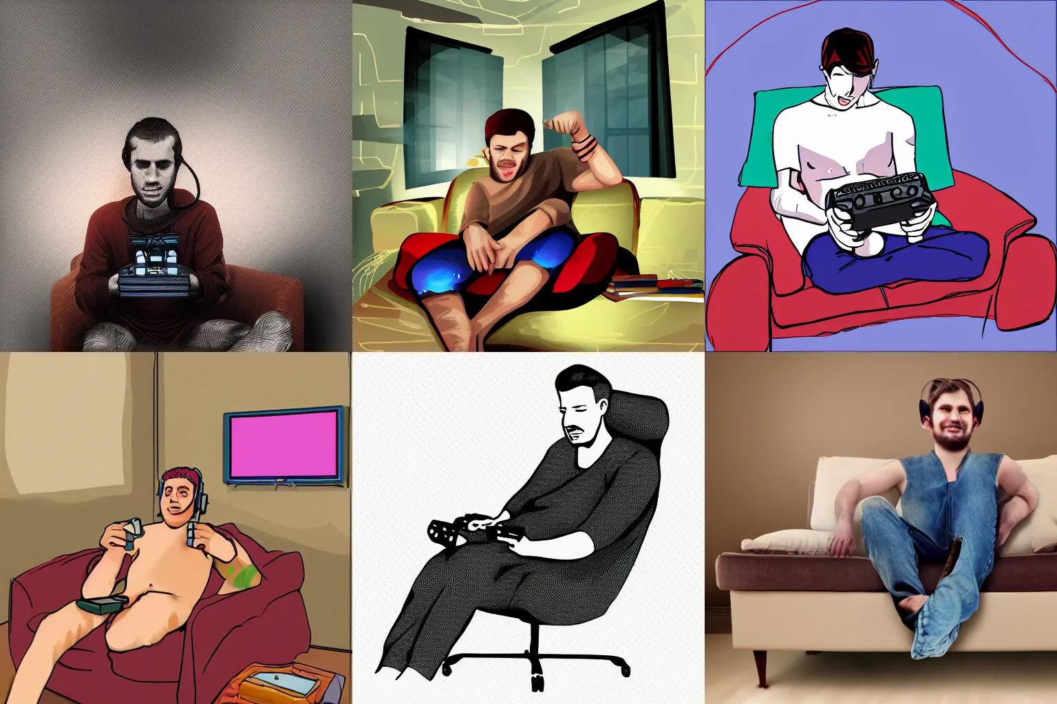 Prompt: cocky guy sitting on a couch with his bare feet on a chair while playing video games, digital art