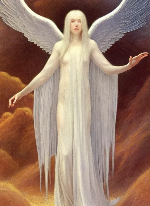 Image similar to thin young beautiful angel with silver hair so long, pale!, wearing white robes!, wearing silver hair, golden goddess, young adorable korean face, silver hair!!, oil on canvas, style of jean delville, 4 k resolution, aesthetic!,