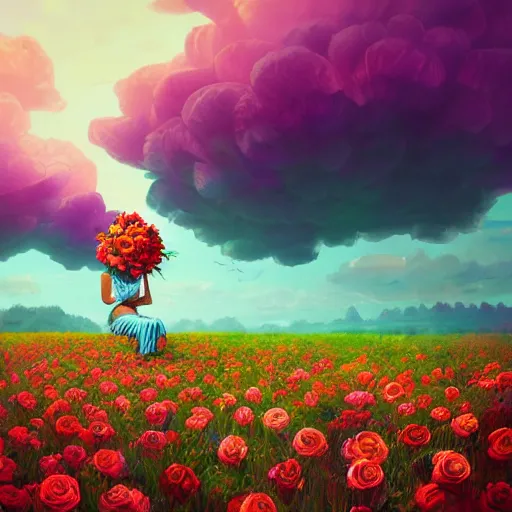 Image similar to giant rose flower head, full body girl sitting in a flower field, surreal photography, sunrise, dramatic light, impressionist painting, colorful clouds, digital painting, artstation, simon stalenhag