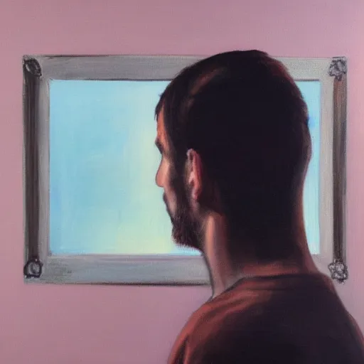 Prompt: painting of a man looking at his reflection