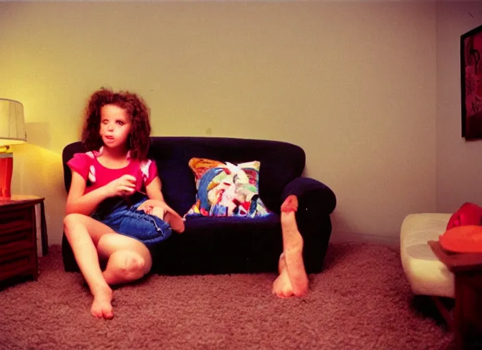 Prompt: 90's Professional Color Photography, Nikon, A girl in the living room at night. Summer