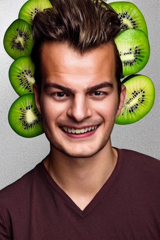 Image similar to 📷 joe keery face on kiwi fruit 🥝, made of food, head portrait, dynamic lighting, 4 k