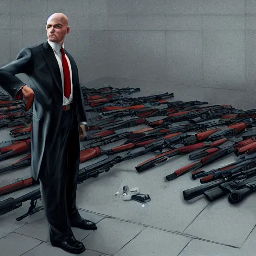 Image similar to a portrait of agent 4 7 from hitman sitting in front of a wall of guns, realistic illustration, dark background, red rim light, highly detailed, digital art, artstation, concept art, smooth, sharp focus, greg rutkowski, wlop