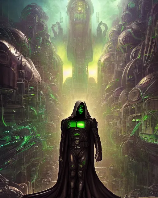 Image similar to dr. doom in a scifi city, by antonio j. manzanedo, giger, alex grey, android jones, wayne barlowe, philippe druillet, raymond swanland, cyril rolando, josephine wall, harumi hironaka, trending on artstation