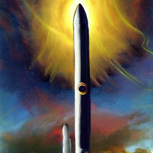 Image similar to romanticism painting of a rocket with a human face