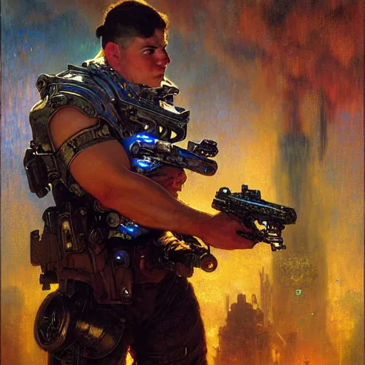 Image similar to portrait of a male cyber bulldog holding a laser gun. shadowrun furaffiniy cyberpunk fantasy highly detailed painting by gaston bussiere craig mullins jc leyendecker gustav klimt artgerm greg rutkowski john berkey, bergey, craig mullins, ruan jia, raymond swanland, jeremy mann, tom lovell, alex malveda