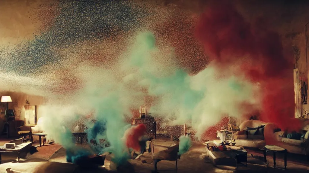 Image similar to colored powder explosion in the living room, film still from the movie directed by Denis Villeneuve with art direction by Salvador Dalí, wide lens