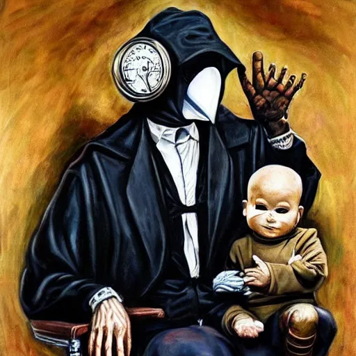 Prompt: hyper realistic painting of a handsome man symmetrical, sitting in a gilded throne, tubes coming out of the man's arm, getting a blood transfusion from a baby. plague doctor in the background created by mike allred