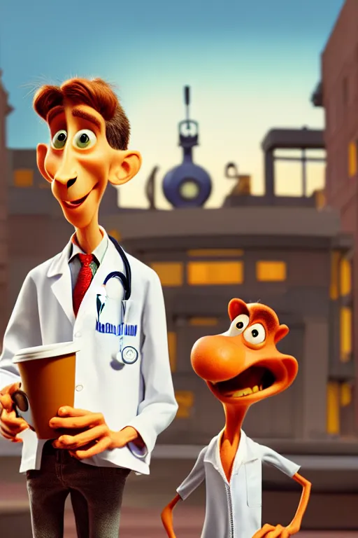 Image similar to portrait of the crazy doctor holding a cup of coffee, hospital in background, full body. pixar disney 4 k 3 d render funny animation movie oscar winning trending on artstation and behance. ratatouille style.