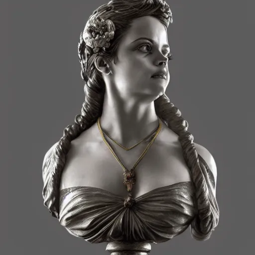 Image similar to beautiful lifelike award winning marble statue bust of christina ricci trending on art station scary artgerm greg rutkowski alphonse mucha museum quality cinematic atmospheric
