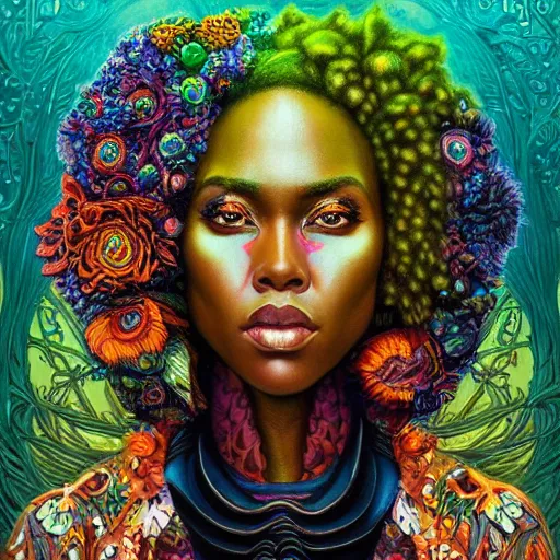 Image similar to portrait of dewanda wise, hyper detailed masterpiece, neon floral pattern, jean giraud, digital art painting, darkwave goth aesthetic, psychedelic, artgerm, donato giancola and tom bagshaw