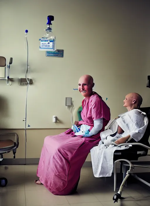 Prompt: an award winning hopeful photo of a bald 4 5 year old woman hospital patient sitting in a hospital room, wearing a hospital gown, with an iv drip, hopeful, smiles at a girl sitting on a guest chair. marketing photo by charlie waite, max rive, caroline foster.