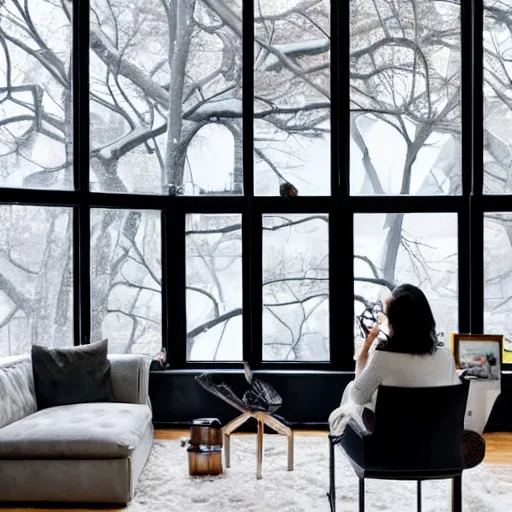 Image similar to modern loft overlooking central park in winter, snowing, fireplace roaring, woman sitting in modern leather chair looking out the window, warm lighting, blizzard outside, nyc, in the style of bill sienkiewicz