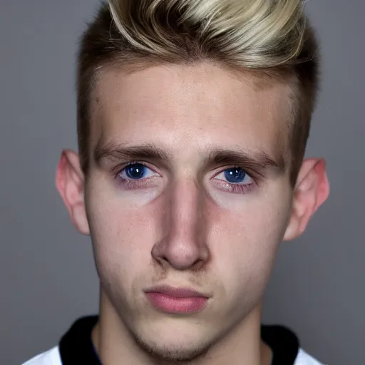 Prompt: an close - up photo of an american 2 0 yo man wearing a white shirt and black tracksuit, blonde hair, blue eyes, small blond goatee, biggish nose