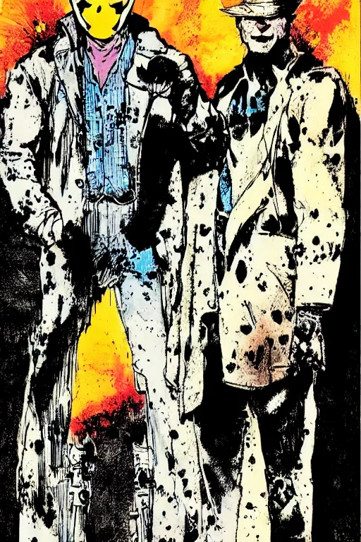 Image similar to Rorschach and The Comedian aka Edward Morgan Blake from the movie Watchmen painted by Dave Gibbons, Greg Rutkowski and Norman Rockwell, Sadamoto Yoshiyuki, Yoki Shinkawa, high detailed perfect faces, trending on Artstation, page scan from book, watchmen comics color scheme, noisy film grain effect, super wide shot, 30mm, intricate, fine details, trending on artstation