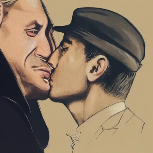 Image similar to benjamin netanyahu kissing tommy shelby, photorealistic, detailed