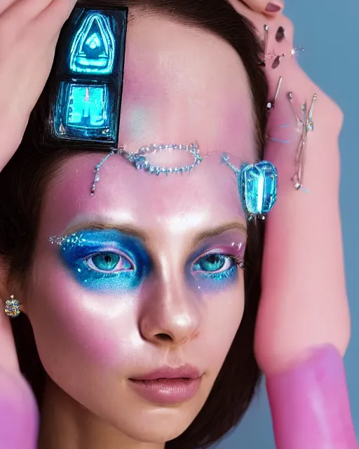 Image similar to natural light, soft focus portrait of a android with soft synthetic pink skin, blue bioluminescent plastics, smooth shiny metal, elaborate diamond ornate head piece, piercings, face tattoo, skin textures, by annie liebovotz, paul lehr,