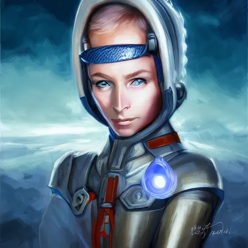 Prompt: Futuristic farmer portrait, deep blue eyes, radiant light, in the style of WLOP and tony sart