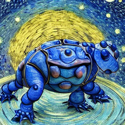 Prompt: highly detailed 3 d blastoise, the background is the starry nights by van gogh, oil - on - canvas painting, hdr, 4 k