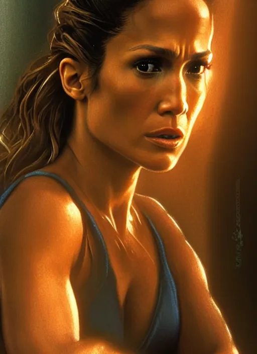 Image similar to A film still of jennifer lopez as John Mcclane in die hard, highly detailed, digital painting, artstation, concept art, sharp focus, illustration, cinematic lighting, art by artgerm and greg rutkowski and alphonse mucha diffuse lighting, fantasy, intricate, elegant, highly detailed, lifelike, photorealistic, digital painting, artstation, illustration, concept art, smooth, sharp focus, art by John Collier and Albert Aublet and Krenz Cushart and Artem Demura and Alphonse Mucha