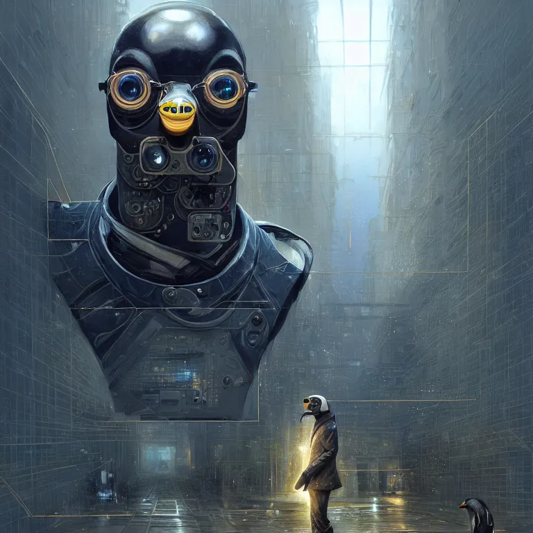 Prompt: A solarpunk very highly detailed Anthropomorphic cybertronic penguin wearing sport suit with very highly detailed face on the street of a very highly detailed solarpunk city digital rational painting art by Greg Rutkowski, sci-fi highly detailed, digital concept art, Volumetric natural light, sharp focus, Golden Ratio illustration, realistic concept art by Stephen Hickman and James Gurney and Hiromasa Ogura Ghost in the Shell rendered in VRAY, From the distance