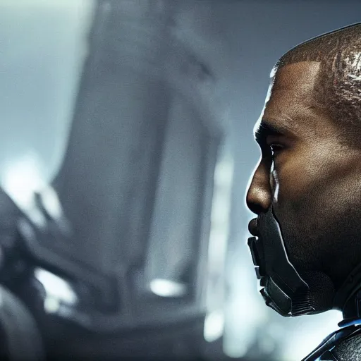 Image similar to kanye west as ( ( robocop ) ) in gears of war, kanye west face, splash art, movie still, cinematic lighting, detailed face, dramatic, octane render, long lens, shallow depth of field, bokeh, anamorphic lens flare, 8 k, hyper detailed, 3 5 mm film grain