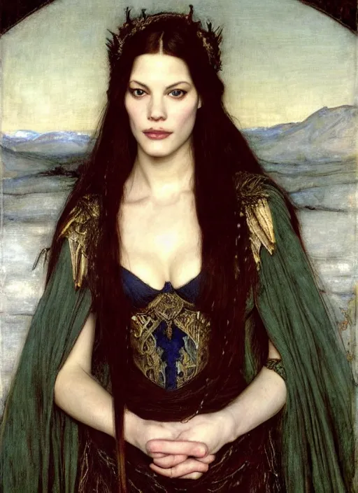 Prompt: a beautiful painting of liv tyler as arwen by John Everett Millais and Dante Gabriel Rossetti and John Collier and john william waterhouse, pre-raphaelite, detailed, trending on artstation, hd, masterpiece