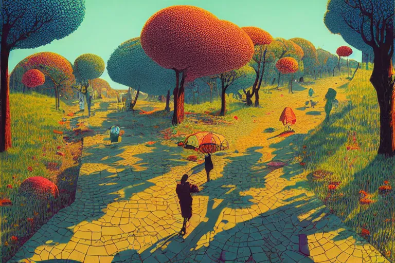 Image similar to surreal glimpse into other universe, jalan - jalan cari makan, summer morning, very coherent and colorful high contrast, art by!!!! gediminas pranckevicius!!!!, geof darrow, floralpunk screen printing woodblock, dark shadows, hard lighting, stipple brush technique,