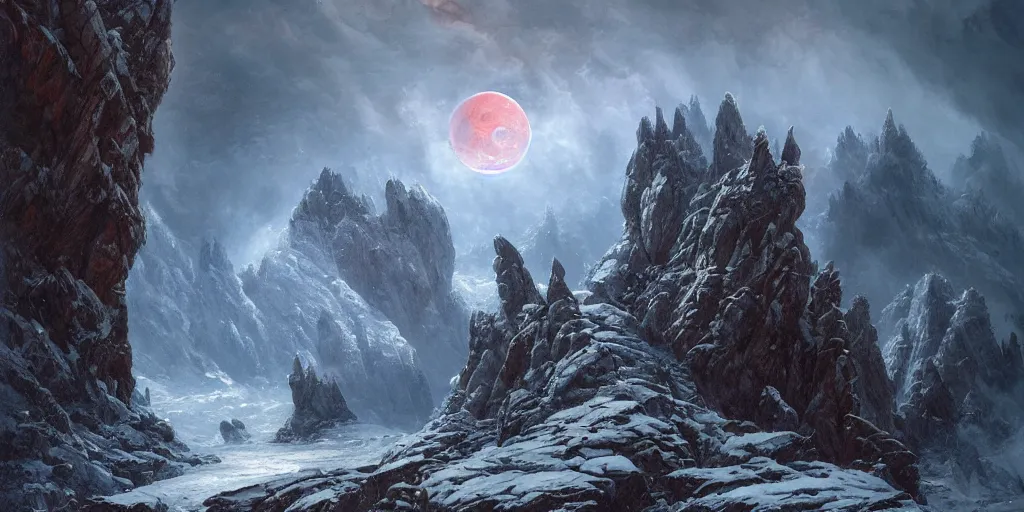 Prompt: Epic Exterior of The dragon's lair, craggy cliffs, swirling skies, blood moon, very ominous environment, icy ground, wintry light, snowy stunning atmosphere, god light, light shafts, epic realm, bloom, in style of Ivan Shishkin and in style of Greg Rutkowski