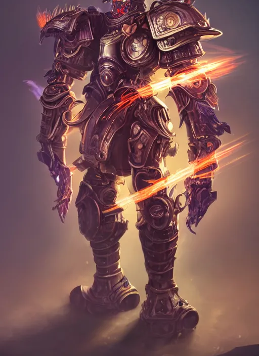 Prompt: a highly detailed illustration of dieselpunk cyber knight with flowing flaming plume with machine gun arms, rigid bulky armor, purple glowing cracks in armor, dramatic standing pose, intricate, elegant, highly detailed, centered, digital painting, artstation, concept art, smooth, sharp focus, league of legends concept art, WLOP