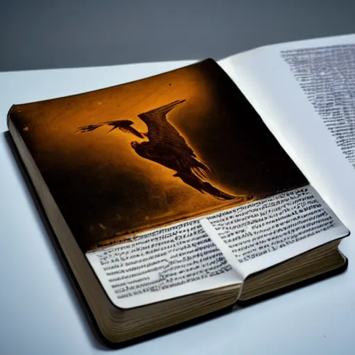 Image similar to a medium shot of a closed hard cover book sitting on a crowed desk, the book is closed, its cover illustrated with a picture of icarus, beside the book is an ancient scroll, dark, single light, vignette, magic, fantasy, 4 k