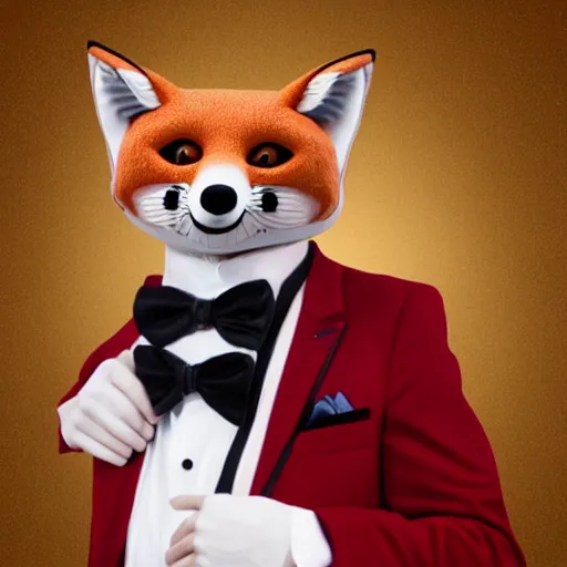 Image similar to realistic ballroom photo of an anthropomorphic fox in a dark red tuxedo