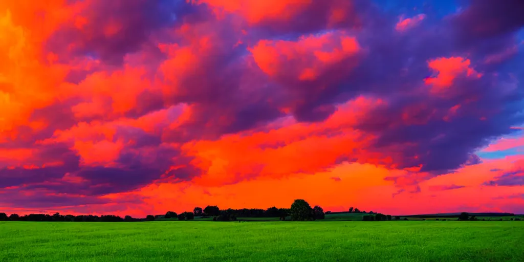 Prompt: a beautiful landscape photograph, orange clouds, blue sky and green grassland