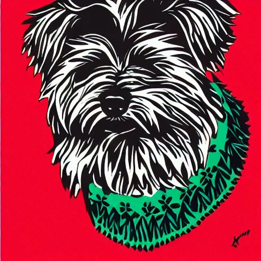 Prompt: tlingit haida lithographic, havanese dog,, simple colors, lithograph print by tristan - wolf reg davidson clifton guthrie maynard johnny jr. trending on society 6