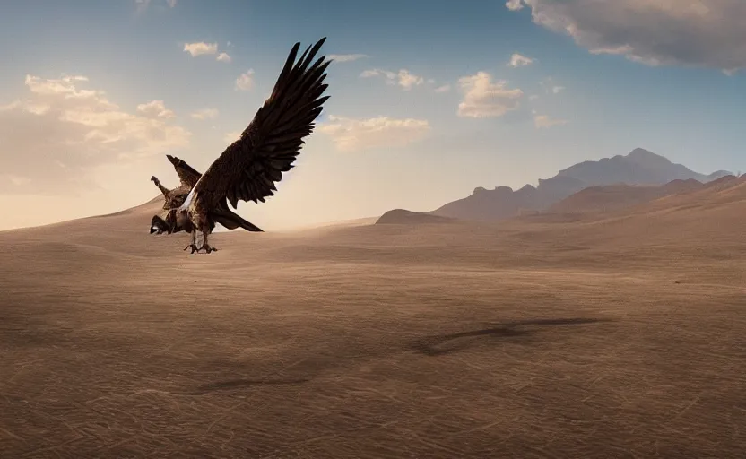 Prompt: A cinematic matte painting of a single vulture in the desert, trending on artstation, vibrant, cgsociety