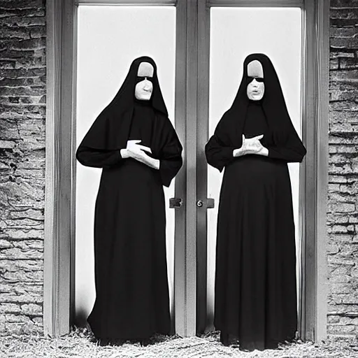 Prompt: phot of 1960’s award winning photo, two Floating twin nuns wearing hoods, buxom chested, blindfolded wearing translucent veils see through dress, Very long arms, bedroom, wood door, eerie, frightening, highly detailed, photorealistic, colorized —width 1024 —height 1024