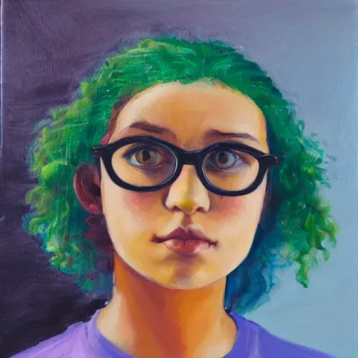 Prompt: a girl with curly black hair wears a green shirt, she wears harry potter glasses, and there is a blue bird on her head, oil painting