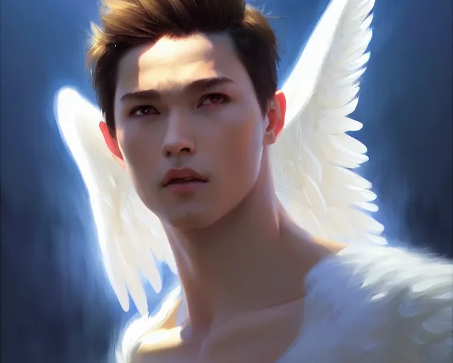 Prompt: male angel with white wings. realistic shaded lighting poster by ilya kuvshinov katsuhiro, magali villeneuve, artgerm, jeremy lipkin and michael garmash, rob rey and kentaro miura style, trending on art station