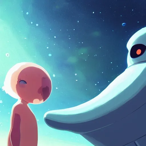 Image similar to a robot jellyfish eating a baby harp seal, in crystalline alien planet, atey ghailan, goro fujita, studio ghibli, scary lighting, clear focus, very coherent