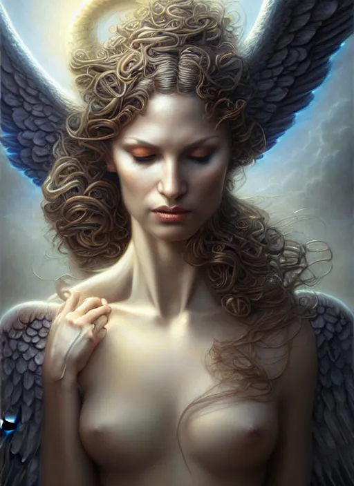 Image similar to snake eating an angel, fine art, intricate, elegant, highly detailed, realistic hair, centered, digital painting, art station, conceptual art, soft, sharp focus, illustration, artwork, artgerm, tomasz alen kopera, peter mohrbacher, donato giancola, wlop, boris vallejo