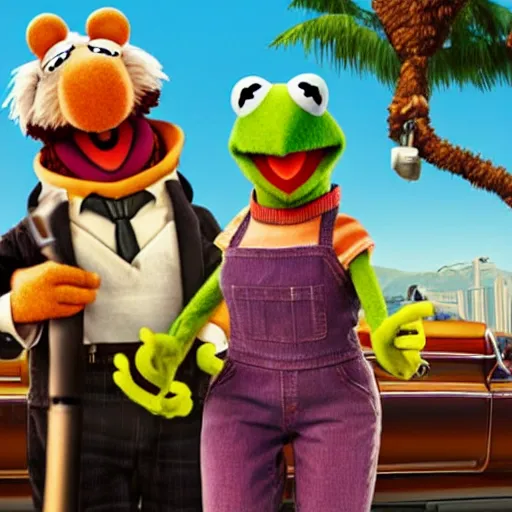 Image similar to the muppets as grand theft auto characters, 4k, high detail, high-resolution photograph