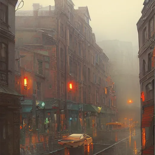 Image similar to movie scene of a downtown, lviv, a very misty day, rainy day, by ian mcque ferdinand knab, makoto shinkai and lois van baarle, artgerm, pixar, ilya kuvshinov,, tom bagshaw, global illumination