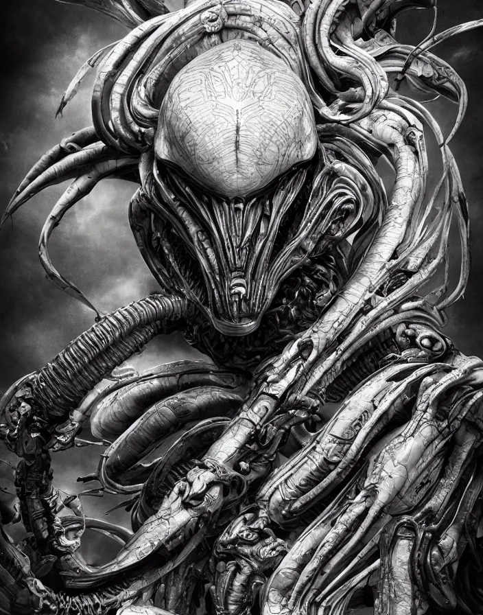 Image similar to engineer prometheus face by Artgerm, xenomorph alien, highly detailed, symmetrical long head, smooth marble surfaces, detailed ink illustration, raiden metal gear, cinematic smooth stone, deep aesthetic, concept art, post process, 4k, carved marble texture and silk cloth, latex skin, highly ornate intricate details, prometheus, evil, moody lighting, hr geiger, hayao miyazaki, indsutrial Steampunk