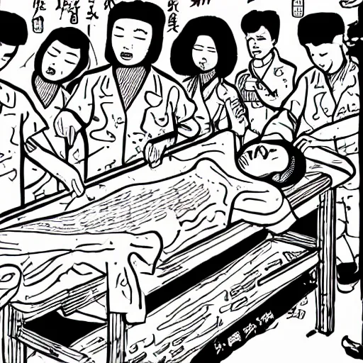 Image similar to chinese surgeons cutting up a body on an operating table, in the style of daniel johnston and outsider art, 8k, line brush, overlaid with traditional chinese adverts