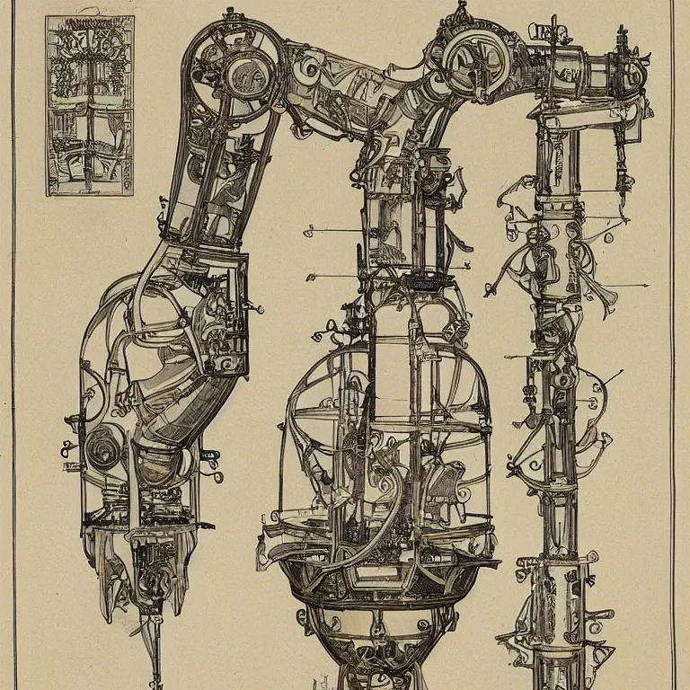 Image similar to detailed, intricate technical drawings on parchment from 1 8 4 0, with labels and notes, for a beautiful, symmetric, art nouveau robotic arm holding a paintbrush, by ron cobb and alphonse mucha