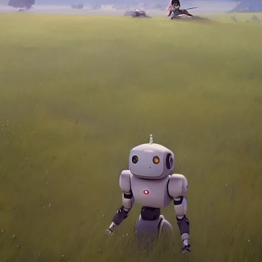 Prompt: a robot in a field. cgsociety masterpiece, artstation trending, by rossdraws, ghibli, kimi no na wa, greg rutkowski, simon stalberg, greg manchess