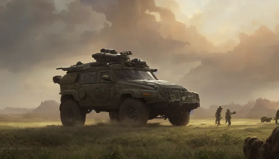 Prompt: a militarised suv designed by apple driving through african savanna, artgerm and greg rutkowski and alphonse mucha, an epic fantasy, volumetric light, detailed, establishing shot, an epic fantasy, trending on art station, octane render, midsommar