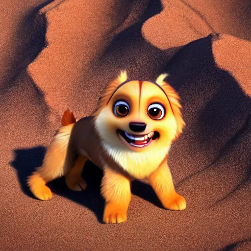 Image similar to tibetan spaniel as nendoroid walking in a desert in the croods movie style, anime, disney, pixar, 8 k, hd, dof, kodak film, volumetric lighting, subsurface scattering, photorealistic, octane render, details