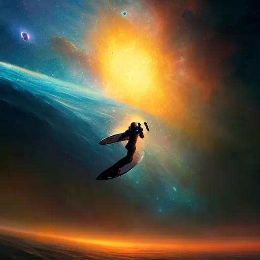 Prompt: Astronaut surfing on a nebula, realistic concept, light atmosphere, golden ratio, wide shot, cinematic lighting, hyperdetailed, high detailed, high resolution, insanely detailed and intricate, artstation, Marc Simonetti, Greg Rutkowski, octane render, unreal engine, 8k